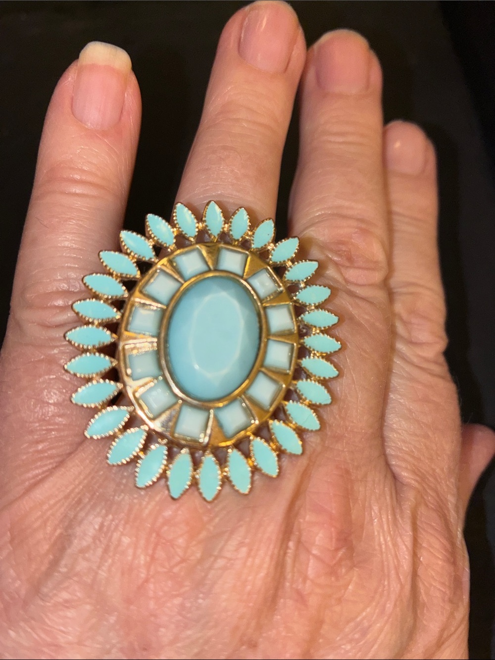 Turquoise Sunburst Statement Ring Gold Tone